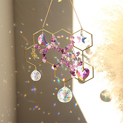 Аметист Подвеска из натурального аметиста, сотовые подвесные ловцы солнца, украшение дома, с латунной фурнитурой и стеклянным круглым шармом, золотые, 200x140 мм