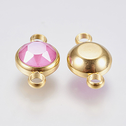 Hot Pink K9 Glass Links connectors, Faceted, with 304 Stainless Steel Findings, Ion Plating (IP), Flat Round, Golden, Hot Pink, 17.5x10x6mm, Hole: 2.5mm