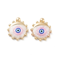 Pink Rack Plating Alloy Enamel Pendants, with Resin, Sun with Evil Eye Charm, Cadmium Free & Nickel Free & Lead Free, Golden, Pink, 20.5x18.5x4mm, Hole: 1.6mm