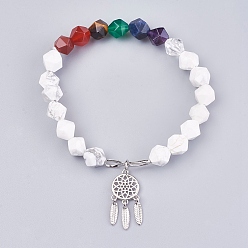 Howlite Chakra-Schmuck, natürliche Howlith- und Mischsteinperlen Charm Armbänder, mit Messing-Zubehör, gewebtes Netz mit Feder, 2 Zoll (5.2 cm), Anhänger: 24x10.5x2 mm