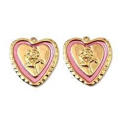 Pink 304 подвески из нержавеющей стали, сердце с цветочными подвесками, с эмалью, реальный 18 k позолоченный, ионное покрытие (ip), розовые, 29.5x27x3 мм, отверстие : 1.6 мм