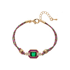 Средний Фиолетово-красный Браслеты из латуни с инкрустацией кубическим цирконием., украшения из хлопкового шнура для женщин, прямоугольные, с эмалью, золотые, средне фиолетовый красный, 6.30 дюйм (16 см)