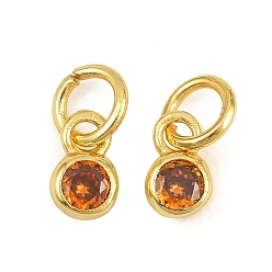 Dark Orange Brass Pave Cubic Zirconia Charms, Flat Round Charms, Single Stone Charms, Long-Lasting Plated, Rack Plating, Cadmium Free & Lead Free, Golden, Dark Orange, 7x4x2mm, Hole: 3.5mm