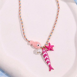 Deep Pink Summer Beach Porcelain & Resin Fish Starfish Pendant Cotton Cord Necklaces with Imitation Pearl, Deep Pink, 17.72 inch(45cm)