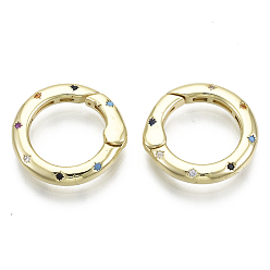 Real 16K Gold Plated Brass Micro Pave Cubic Zirconia Spring Gate Rings, Ring, Nickel Free, Colorful, Real 16K Gold Plated, 18~19x3mm, Inner Diameter: 13mm