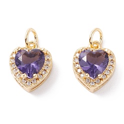 Лиловый Латунные микро проложить кубического циркония прелести, с целью перехода в кольце, долговечный, сердце, реальный 18 k позолоченный, сирень, 12.5x10x6.5 мм, отверстие : 3.6 мм