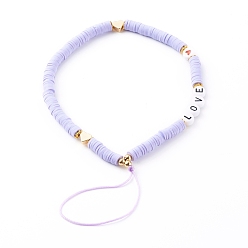 Lavendel Heishi Perlen-Mobile-Riemen aus Polymerton, Telefonschmuck, mit Acryl-Emaille-Perlen und Messingperlen, Wort Liebe, golden, Lavendel, 20 cm