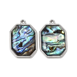 Polygon 304 Stainless Steel & Natural Paua Shell Pendants, Stainless Steel Color, Polygon Charm, 28.5x19.5x4.5mm, Hole: 1.8mm