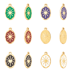 (52) Непрозрачная лаванда 12 шт 6 цвета эмалевые подвески, с золотым гальваническим 304 выводы из нержавеющей стали, овальные с солнцем, разноцветные, 23.5x14x2.5 мм, отверстие : 1.6 мм, 2 шт / цвет
