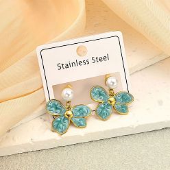 Light Sea Green 304 Stainless Steel Enamel Four Petal Flower Dangle Earrings, Imitation Pearl Stud Earrings for Women, Golden, Light Sea Green, 27x25mm