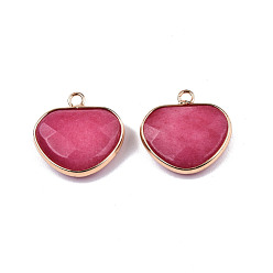 Hot Pink Natural White Jade Pendants, with Light Gold Plated Tone Brass Edge, Dyed & Heated, Faceted Heart Charm, Hot Pink, 22x22x6mm, Hole: 2mm