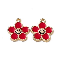 FireBrick Alloy Enamel Pendants, Golden, Flower with Smiling Face Charm, FireBrick, 15x14x2mm, Hole: 1.4mm