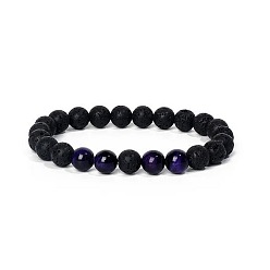 Púrpura 8 Pulseras elásticas de yoga con cuentas redondas de ojo de tigre natural teñido y roca volcánica de mm, pulseras de oración budistas, púrpura, 7.09 pulgada (18 cm)