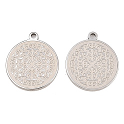 Stainless Steel Color 304 Stainless Steel Pendants, Flat Round with Flower Pattern Charms, Stainless Steel Color, 25x21.5x2mm, Hole: 2mm