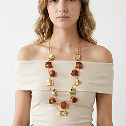 Chocolate Resin & CCB Plastic Nuggets Double Layer Necklaces with Alloy Chains for Women, Light Gold, Chocolate, 21.26 inch(54cm)