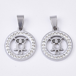 Нержавеющая Сталь Цвет 201 подвески из нержавеющей стали, со случайным размером оснастки на поручителях и стразами из полимерной глины и хрусталя, плоские круглые с совой, цвет нержавеющей стали, 23x20x2~3 мм, отверстие : 8~10x3~5 мм