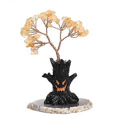 Желтый Кварц Тема хэллоуина натуральный желтый кварцевый чипс дерево жизни украшения, пень из смолы с агатовой основой и медной проволокой, энергетический камень фэн-шуй, подарок для домашнего офиса, рабочего стола, 75~79x38~52x110 мм