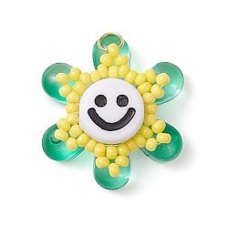 Зеленый Подвески из стеклянных бусин в виде подсолнухов, с непрозрачными акриловыми бусинами и 304 соединительным кольцом из нержавеющей стали, зелёные, 23.5x22x8 мм, отверстие : 3 мм