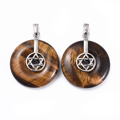 Tiger Eye Natural Tiger Eye Pendants, for Jewish, with Platinum Tone Brass Findings, Donut/Pi Disc with Star of David, 35.5x30x8.5~9.5mm, Hole: 4.5x6.5mm