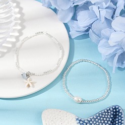 Белый Стеклянные бусины эластичные браслеты для женщин, с натуральным культивированным пресноводным жемчугом и бусинами из синтетической бирюзы, морская звезда, белые, внутренний диаметр: 2-3/8~2-1/2 дюйм (6~6.5 см), 2 шт / комплект