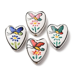 (52) Непрозрачная лаванда Фарфоровые бусины ручной работы, Сердце с узором из бабочек и цветов, пастельный фарфор, разноцветные, 23x19x8 мм, отверстие : 2 мм