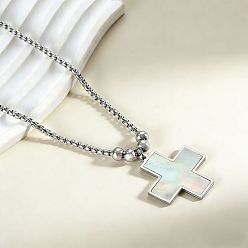 Stainless Steel Color 304 Stainless Steel Natural White Shell Religion Cross Pendant Box Chain Necklaces, Stainless Steel Color, 19.69 inch(50cm)