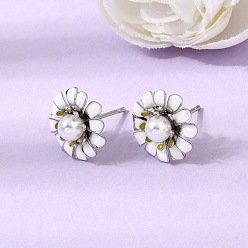 Blanc Boucles d'oreille en laiton émaillé, fleur, avec des perles en plastique abs, sans plomb et sans cadmium, crémaillère plaquage, plaqué longue durée, platine, blanc, 13.5~14mm