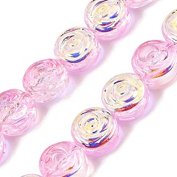 Pink Pintura de horneado galvanizada cuentas de vidrio transparentes hebras, plano y redondo con flor rosa, color de ab chapado, rosa, 10x5.3 mm, agujero: 1 mm, sobre 65 unidades / cadena, 25.20'' (64 cm)
