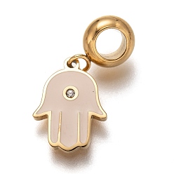 Pink 304 подвесные европейские подвески из нержавеющей стали, Подвески с большими отверстиями, с хрустальными стразами и эмалью, Хамса рука / рука Мириам, золотые, розовые, 24 мм, отверстие : 4.5 мм, Кулон : 15x11x1.5 мм