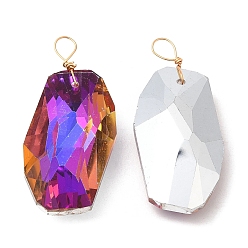 Разноцветный Стеклянные подвески, с золотыми латунными петлями, граненые, полигон прелести, красочный, 37~38x17.5~18x9.5 мм, отверстие : 4 мм