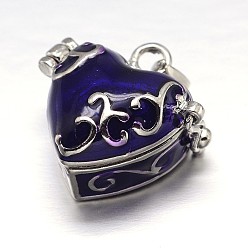 Индиго Эмали сердце стойки покрытие латунь молитва коробка подвески, желаю коробке, индиговые, 20x21x12 мм, отверстие : 5x3 мм