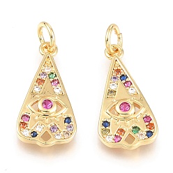 Colorful Brass Micro Pave Cubic Zirconia Pendants, Long-Lasting Plated, with Jump Ring, Drop with Eye, Real 18K Gold Plated, Colorful, 19x9.3x1.6mm, Jump Ring: 5x1mm, Inner Diameter: 3.2mm