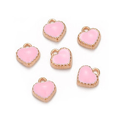 Pink Alloy Enamel Charms, Heart, Light Gold, Pink, 8x7.5x2.5mm, Hole: 1.5mm