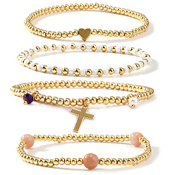Золотой 4 шт. Наборы браслетов в богемном пляжном стиле с круглыми латунными бусинами в форме сердца, браслеты с подвесками в виде крестов, золотые, внутренний диаметр: 6.89 дюйм (17.5 см)