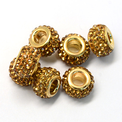 Свет Топаз Сплав стекла горный хрусталь Европейский бисером, бусины с большим отверстием, рондель, золотые, светлый топаз, 12.5x8 мм, отверстие : 5 мм