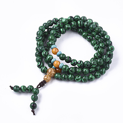 Malachite 3-Loop Wrap Style Buddhist Jewelry, Synthetic Malachite Mala Bead Bracelets, Stretch Bracelets, Round, 26.38 inch(67cm)