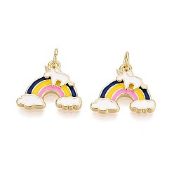 Разноцветный Латунь эмаль подвески, с целью перехода в кольце, радужное очарование, реальный 18 k позолоченный, красочный, 13x16x2 мм, отверстие : 3 мм