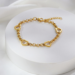 Настоящее золото 18K Нержавеющая сталь сердца ссылка браслеты, браслеты-цепочки роло для женщин, полый, реальный 18 k позолоченный, 6-3/4 дюйм (17 см)