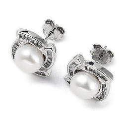 Platinum Anti-Tarnish Rhodium Plated 925 Sterling Silver Micro Pave Cubic Zirconia Vortex Stud Earrings for Women, Natural Pearls Beaded Earrings, Platinum, 12x12mm
