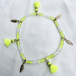 Зелено-Желтый Браслеты на ногу в стиле бохо с подвеской в виде пера, кисточкой из пластика, украшенные бисером, античное золото , зеленый желтый, 9-1/2 дюйм (240 мм)