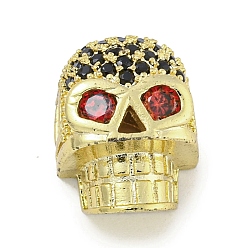 Real 18K Gold Plated Brass Micro Pave Red Cubic Zirconia Beads, Skull, Real 18K Gold Plated, 12x9.5x7mm, Hole: 2.6mm