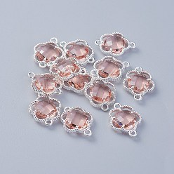 Розовый Соединители стеклянные ссылки, с фурнитурой Berzel с открытой спиной из экологически чистого сплава, граненые, цветок, серебряный цвет гальваническим, туманная роза, 15.5x12x3 мм, отверстие : 1.4 мм