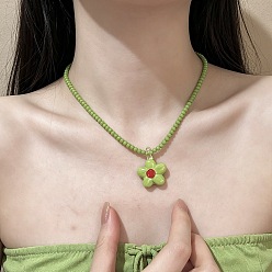 Yellow Green Summer Acrylic Flower Pendant Beaded Necklaces for Women, Yellow Green, 15.75 inch(40cm)