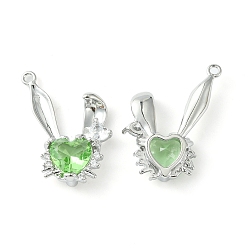 Light Green Brass Micro Pave Cubic Zirconia Pendants, Cadmium Free & Nickel Free & Lead Free, Rabbit Head Charm, Real Platinum Plated, Light Green, 24x20.5x5mm, Hole: 1.5mm