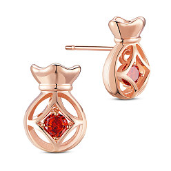 Rose Gold Brass Stud Earrings, with Cubic Zirconia, Purse, Rose Gold, 10.8x7.9mm
