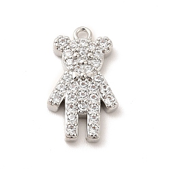 Platinum Rack Plating Brass Micro Pave Cubic Zirconia Pendants, Cadmium Free & Lead Free, Long-Lasting Plated, Bear Charm, Platinum, 16x9.5x3mm, Hole: 1.2mm