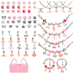 Pink Наборы для изготовления европейских браслетов своими руками, включая изготовление браслетов из сплава, европейских подвесок и европейских бусин, Rondelle Lampwork европейские шарики, розовые, 11~14x7~9 мм, отверстие : 5 мм