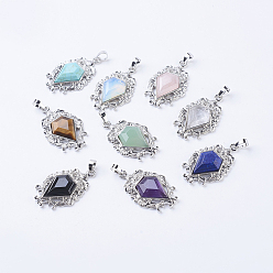 Mixed Stone Natural & Synthetic Mixed Stone Pendants, with Brass Findings, Flower with Diamond Shape, Platinum, 41.5x26x7.5~8mm, Hole: 5x7.5~8mm