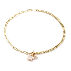 Golden Natural Shell Star Pendant Necklaces, with Natural Pearl Beads, Brass Enamel Curb Chains, Brass Paperclip Chains and 304 Stainless Steel Toggle Clasps, Creamy White, Golden, 16 inch(40.5cm)