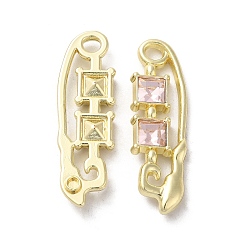 Misty Rose Alloy Pendant, with Glass, Light Gold, Lead Free & Cadmium Free, Safety Pin Charm, Misty Rose, 35x10.5x4mm, Hole: 3mm
